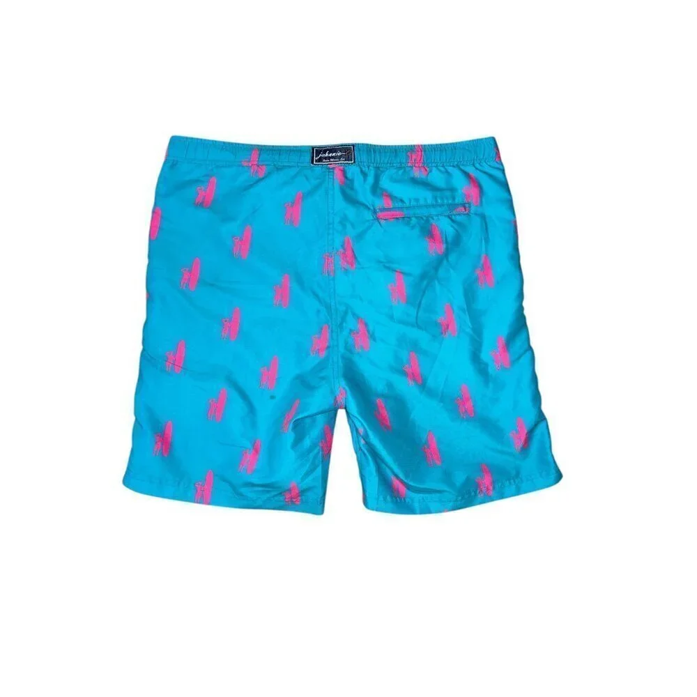 Johnnie O Swim Trunks Mens M Blue All Over Print Logo Lined Shorts Beach Surf